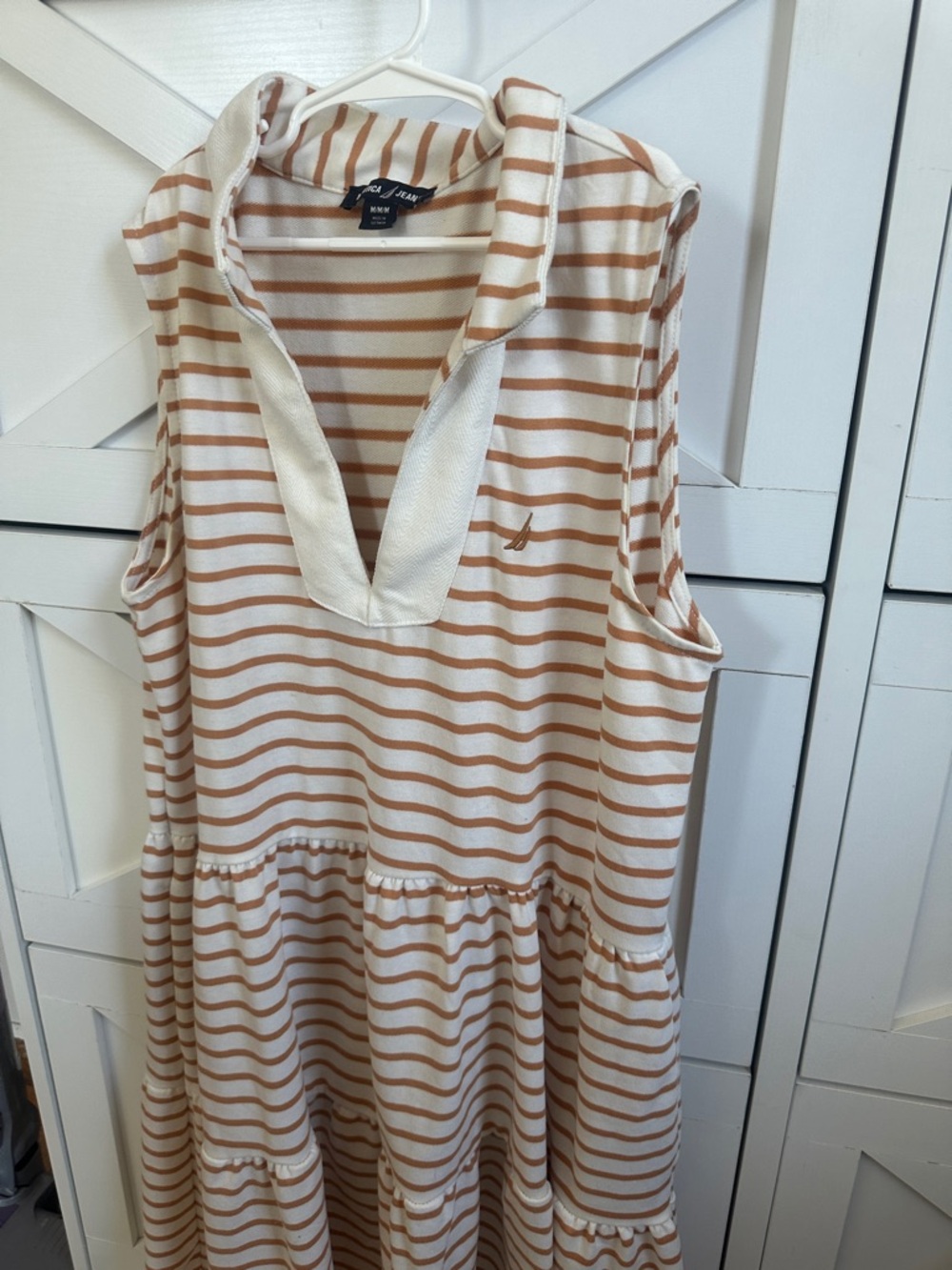 Nautica Sleeveless Striped Tiered Midi Dress in Cream and Tan